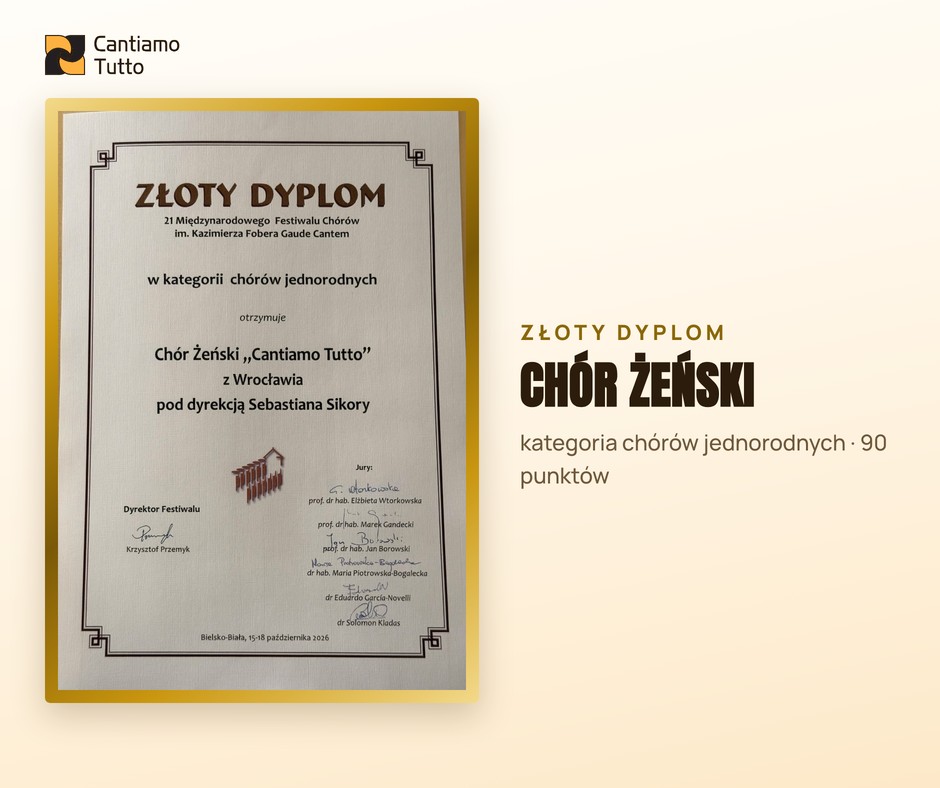 Dyplom Złoty dla Chóru Żeńskiego Cantiamo Tutto w kategorii chórów jednorodnych, 90 punktów