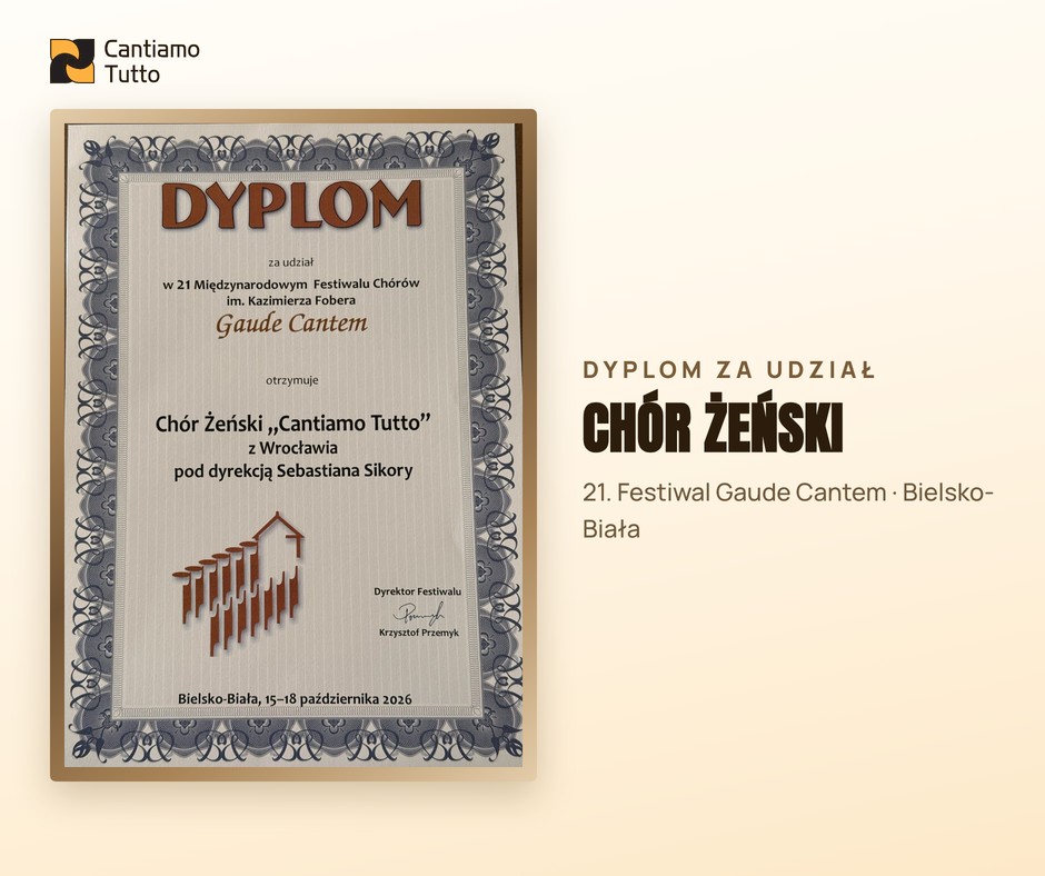 Dyplom za udział w festiwalu Gaude Cantem dla Chóru Żeńskiego Cantiamo Tutto